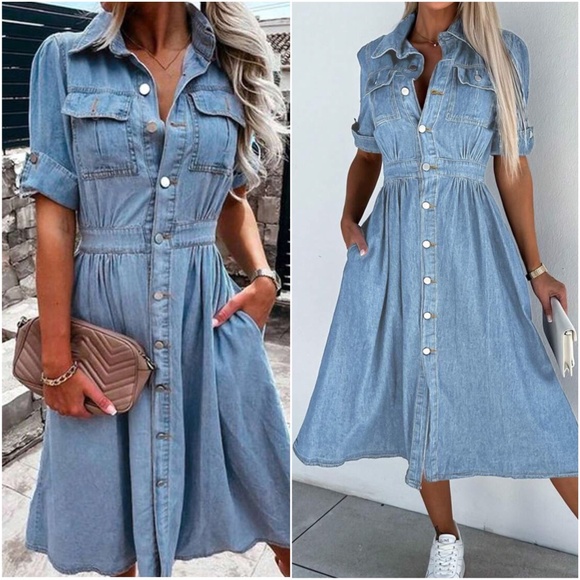 Medium Wash Denim Jean Button Down Midi Dress - Picture 5 of 7